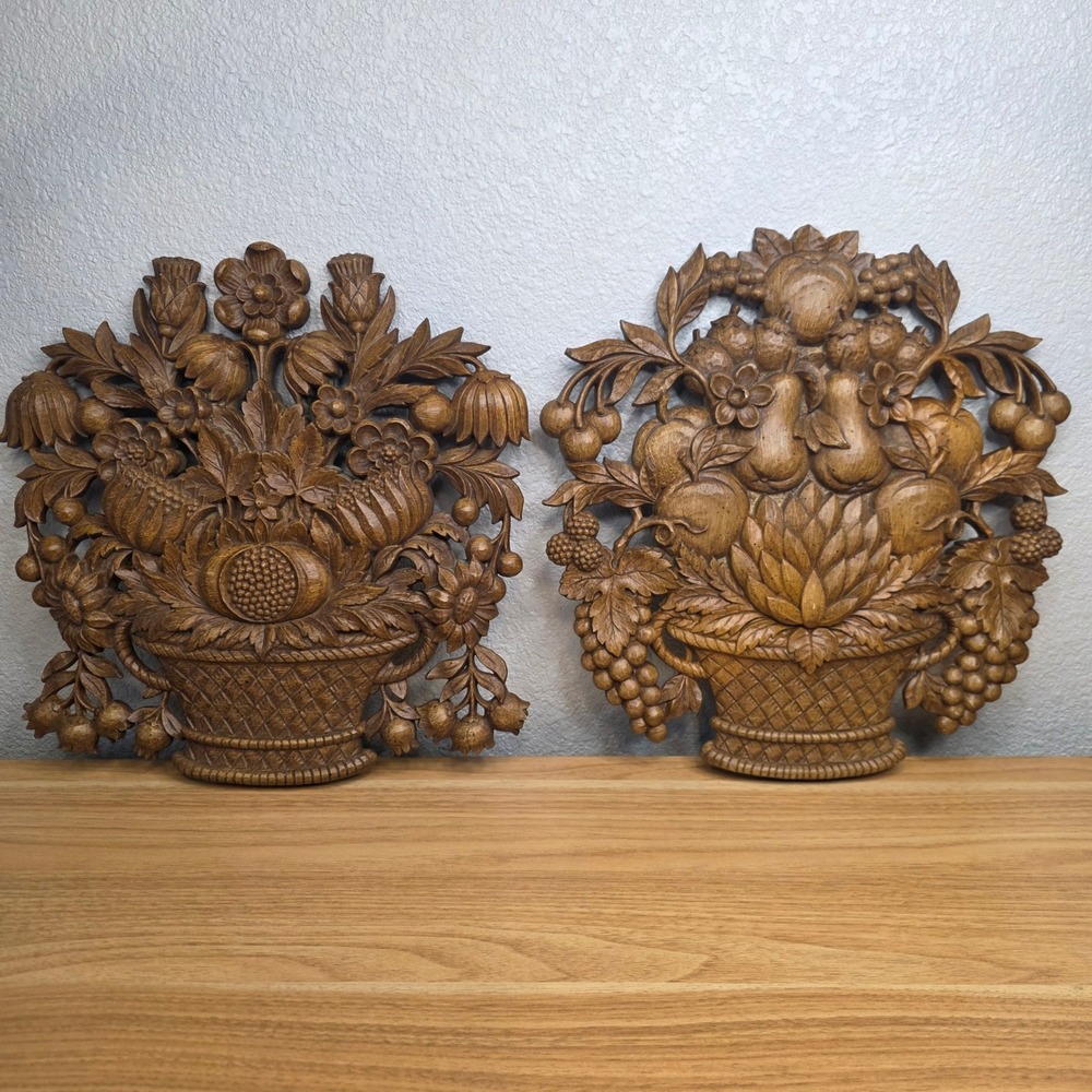 2 Vintage 1960s Syroco Fruit Flower Baskets 12.5" by 12" Faux Wood Wall Plaque